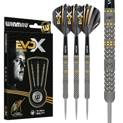 Winmau Michael Van Gerwen MvG EvoX Professional Darts Set - 90% Tungsten Darts with Flights & Shafts - Precision Grip Barrels for Steel Tip & Soft Tip Darts - Available in 18g - 24g Weights - size: 22.5G - Steel Tip