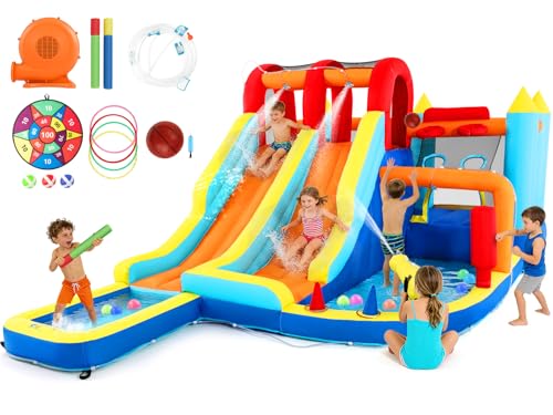 JOYLDIAS Inflatable Water Slide Park, Giant Bounce House with 450W Blower, Climbing Wall, Dual Basketball Hoops & Ring Toss Games - Outdoor Backyard Jumper for Kids Ages 3+ - color: 9 in 1