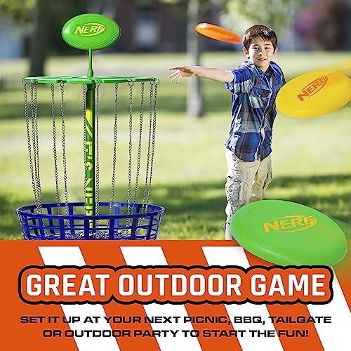 Nerf Disc Golf Starter Set - (3) Mini Golf Discs + (1) Target Basket Included - Complete Portable Set for Backyard + Beach Play