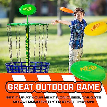Nerf Disc Golf Starter Set - (3) Mini Golf Discs + (1) Target Basket Included - Complete Portable Set for Backyard + Beach Play