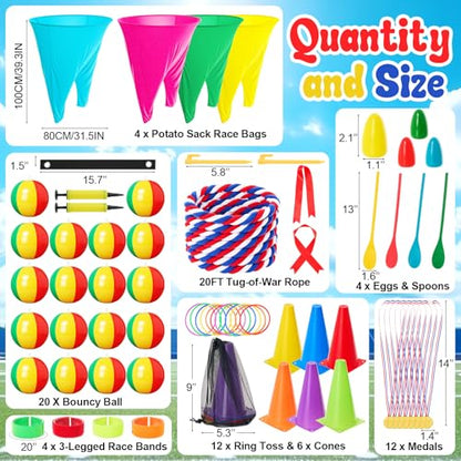 65 Pcs Outdoor Carnival Yard Game Set Include Giant Granny Pants and Bouncy Balls Ring Toss Game Tug of War Rope 3 Legged Race Egg and Spoon Medals for Carnival Yard Family Reunion Backyard