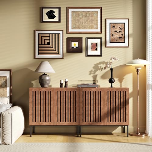 BVIUNTWO Modern Storage Cabinet with Slatted Doors,Sideboard Buffet Cabinet with Adjustable Shelf and Metal Legs for Kitchen,Dining Room,Living Room,63 Inch,Brown - size: 63 Inch