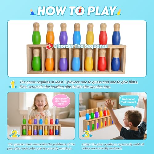 pamexin Family Games for Kids, Wooden Bowling Color Matching Game with 7 Bright Pins and Storage Bag, Family Board Games Party Birthday Gift, Fun Party Game for Boys Girls