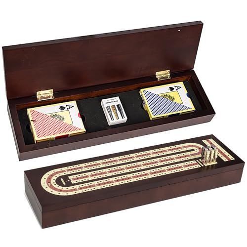 ESENHARBER Cribbage Board Game Set, Premium Wooden Board with Magnetic Lock and Metal Pegs, 2 Playing Cards, and Large Storage - Travel-Friendly Continuous 3 Track Board - style: Classic