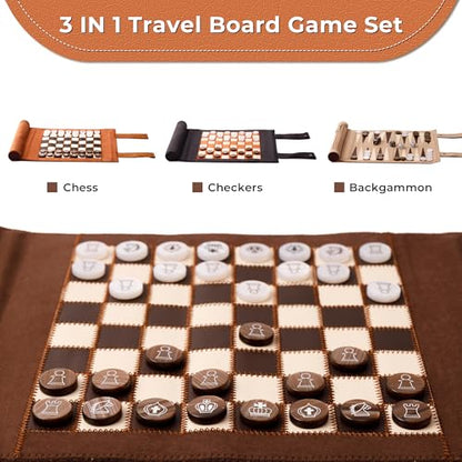 Woodronic 3 in 1 Chess Checkers Backgammon Set, Roll-up Leather Travel Chess Board Game, Portable Travel Backgammon Game Set for Adult, Travel Checkers Game with 32 Amber Pearl Pieces and 5 Dices - color: Espresso