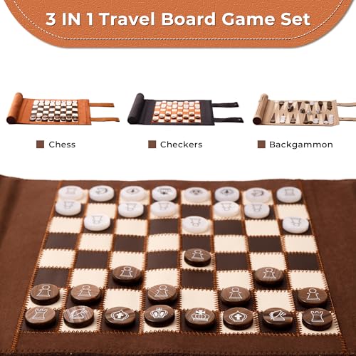 Woodronic 3 in 1 Travel Chess Checkers Backgammon Set, Roll-up Leather Backgammon Game Set with 32 Pearl Textured Pieces and 5 Dices, Portable Travel Strategy Board Game Set for Adult, Navy Blue - color: Navy Blue