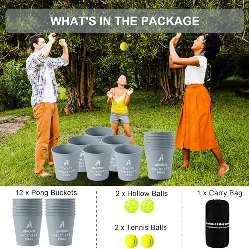 Aivalas Yard Pong Outdoor Games, Giant Yard Games Set with 12 Buckets and Balls for Adults and Family, Toss Game Throwing Games for Beach, Camping, Lawn and Backyard - color: Gray