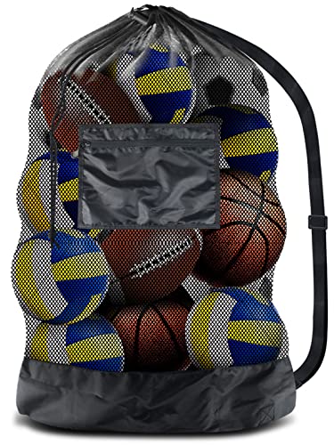 BROTOU Thickened Extra Large Sports Ball Bag Mesh Socce Ball Bag Heavy Duty Drawstring Bags Team Work for Holding Basketball, Volleyball, Baseball, Swimming Gear with Shoulder Strap - size: 18" x 28"