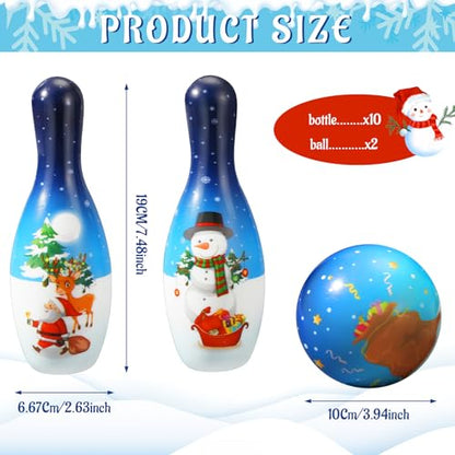 Libima 12 Pcs Christmas Bowling Set Santa Claus Snowman Bowling Set 10 Soft Foam Bowling Pins 2 Bowling Balls Set Toy Bowling Set for Game Indoor Outdoor Xmas Party Supplies - color: Blue, style: Snow