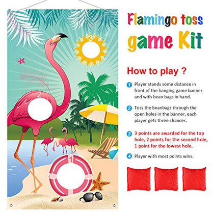 Blulu Flamingo Toss Games with 3 Nylon Bean Bags Hawaiian Summer Flamingo Backdrop Banner for Luau Party Game Birthday Decoration Carnival Party Supplies