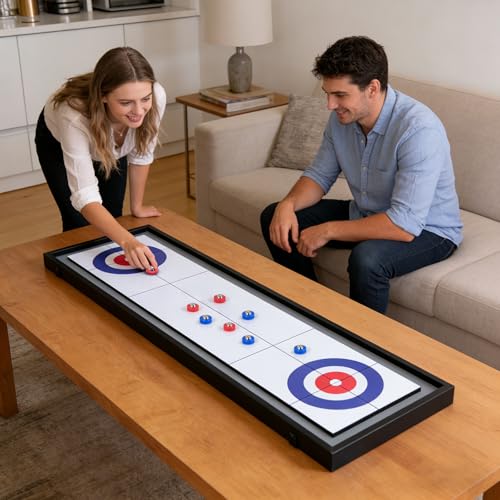 GYMAX Shuffleboard and Curling 2 in 1 Board Game, Portable 2-Sided Tabletop Wooden Shuffle Board and Curling Combo Game Set with 8 Rolling Pucks for Family Friends Indoor