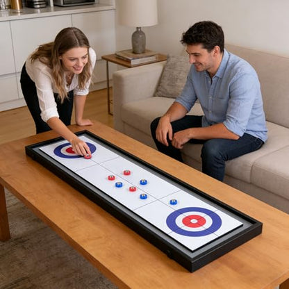 GYMAX Shuffleboard and Curling 2 in 1 Board Game, Portable 2-Sided Tabletop Wooden Shuffle Board and Curling Combo Game Set with 8 Rolling Pucks for Family Friends Indoor
