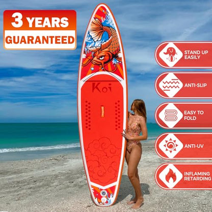 FEATH-R-LITE Inflatable Paddle Board Stand Up Paddleboards for Adults SUP with Premium Accessories Pump, Adjustable Paddle, Leash, Three Fins, Backpack - style: Red Koi