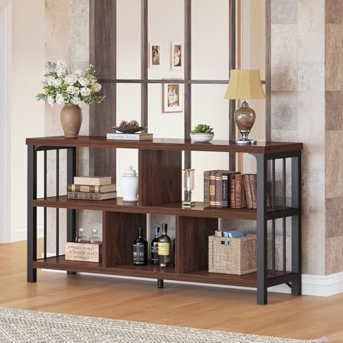 IBF Horizontal Bookshelf, Industrial 5 Cube Storage Organizer Open Shelf, Modern Wide Book Shelf for Bedroom Living Room, Rustic Wood and Metal Low Short Bookcase for Home Office, Walnut Oak, 47 Inch - color: Walnut Oak, size: 47 inch
