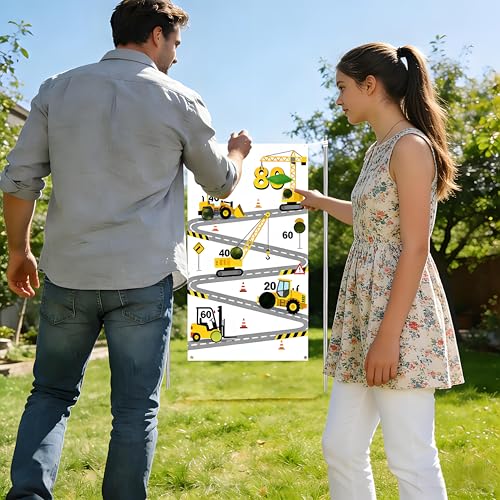 Construction Birthday Party Supplies Bean Bag Toss Game for Adults, Washable Heavy Duty Outdoor Indoor Excavator Throwing Theme Party Game Banner with 3 Bean Bags and 19.6ft String.
