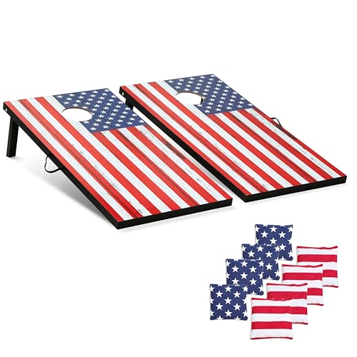 Portable Cornhole Board Set - Premium MDF Wood Corn Hole Game with 8 Regulation Bean Bags, for Backyard, Camping, and Outdoor Tailgating - Choose 3x2' Tailgate or 4x2' Regulation Size - style: 4' x 2' Flag