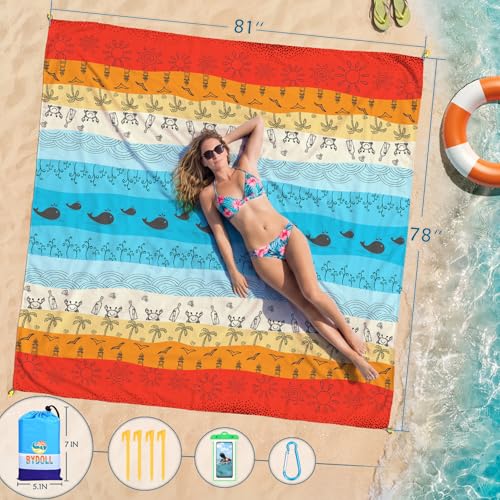 BYDOLL Beach Blanket Waterproof Sandproof Large Sand Free,78''X81''/10'X9' Oversized Sandless Lightweight Blanket Picnic Mat for Beach Travel Camping Hiking with Stakes - color: Bach Boho, size: 78"X81"