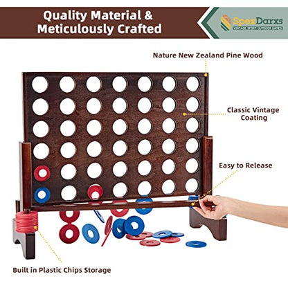 SpexDarxs Giant 4 in A Row Game, Wooden Jumbo 4-to-Score Set for Indoor & Outdoor Family Fun-Line Up Four Travel Board Games with 42 Coins & Ring Holders & Carrying Bag