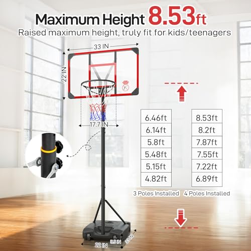 Yohood Kids Basketball Hoop Outdoor 4.82-8.53ft Adjustable, Portable Basketball Hoops & Goals for Kids/Teenagers/Youth in Backyard/Driveway/Indoor, with Enlarged Base and PC Backboard