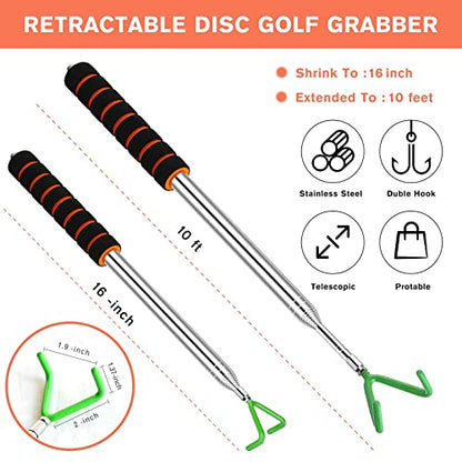 Disc Golf Retriever, Multifunctional Telescopic Accessory Extends to 10 ft with Easy Carry Bag, Starter Kits with Premium Accessories