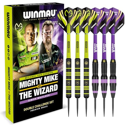 WINMAU MvG vs Wizard Steel Tip Darts Set – 22g Brass Twin Set with Flights, Shafts & Wallet – Dual Grip Styles for Practice & Play