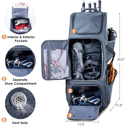 Rolling Baseball Bag With Wheels, Seperate Shoe Compartment and Fence Hook - Large Softball Bag for T-Ball - Team Equipment Duffle Bag - Catcher Gear Bag for Boys 8-12, Youth, Adults - color: Grey