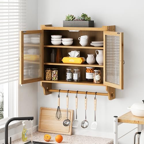 Retro Style Haze Double Glass Door Wood Wall Cabinet with Detachable Shelves for Office, Dining Room,Living Room, Kitchen and Bathroom Natural - color: Natural