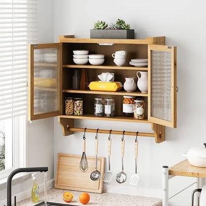 Retro Style Haze Double Glass Door Wood Wall Cabinet with Detachable Shelves for Office, Dining Room,Living Room, Kitchen and Bathroom Natural - color: Natural