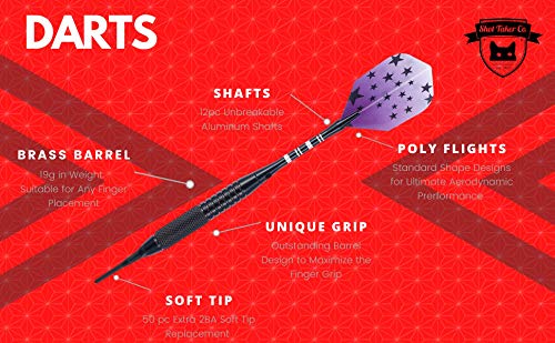 Professional Soft Tip Darts 12 PC Set | 12 Brass Barrels | 50 Extra Black 2BA Tips| 12 Aluminum Shafts | 16 Flights Standard Shape | Multi Tool | Carry Bottle - color: Black Barrel-19g