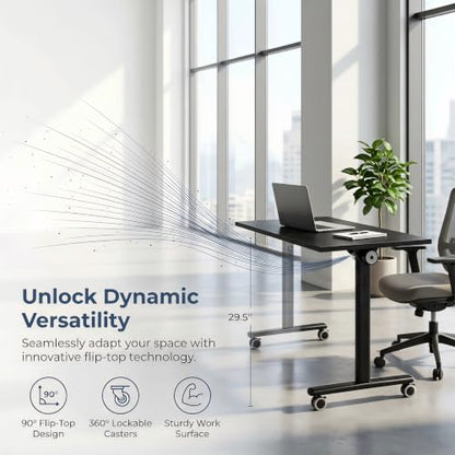 Folding Conference Table with Wheels, Mobile Flip-Top Training Table, Modular Space-Saving Meeting Table for Office, Classroom, Seminar, Library (10, Black, 55IN) - color: Black, size: 55IN