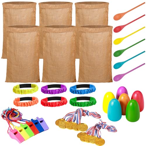 Chivao 40 Pcs Outdoor Carnival Games Combo Set Potato Sack Race Bags Egg Spoon Relay Race Three-Legged Races with Straps Whistles Medals for Family School Birthday Party Field Day Outside Game
