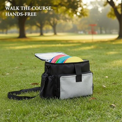 Disc Golf Bag with Shoulder Strap, Compact Polyester Carrier for Organizing Discs, Black Storage Case 9.8 x 5.9 x 9.4 Inches
