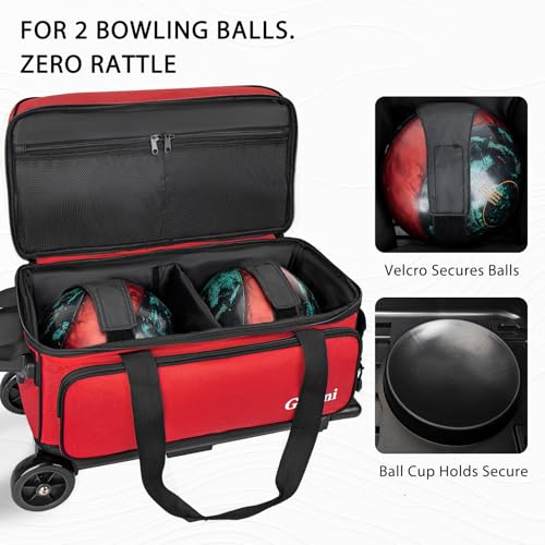 Goloni Double Roller 2 Ball Bowling Bag with Separate Shoe Compartment,2 Ball Bowling Bag with Wheels,Retractable Handle Extends to 40" - color: Red
