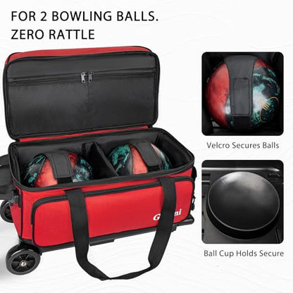 Goloni Double Roller 2 Ball Bowling Bag with Separate Shoe Compartment,2 Ball Bowling Bag with Wheels,Retractable Handle Extends to 40" - color: Red