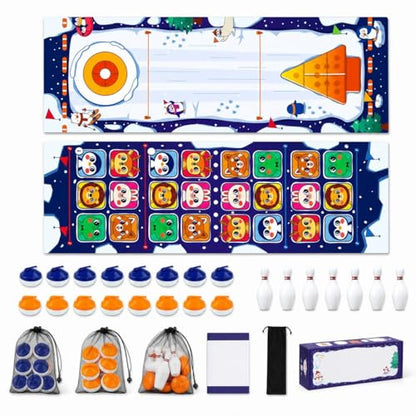 Qianly Tabletop Games for Family, Indoor Mini Bowling Game, Roll-Up Shuffleboard Mat, Compact Multi-Game Set