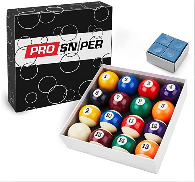 Prosniper Billiard Balls - 16 Premium Pool Ball Set Including 4X Cue Tips and 4X Blue Chalk I 6 oz & 2.25 inches I Pool Table Accessories for Beginners & Professionals I Made of Pure Resin - style: standard