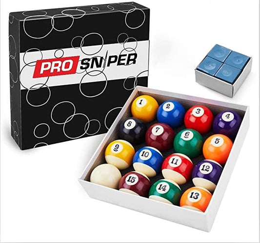 Prosniper Billiard Balls - 16 Premium Pool Ball Set Including 4X Cue Tips and 4X Blue Chalk I 6 oz & 2.25 inches I Pool Table Accessories for Beginners & Professionals I Made of Pure Resin - style: standard