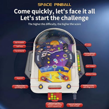 Tabletop Pinball Machine — Space Board Game with Obstacles, Pull-Rod Launcher, Two-Hand Controls, Ball Storage Tray, 1-2 Player Arcade Games for Kids Ages 3+ - style: Space
