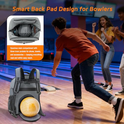 Bowling Ball Backpack with Shoe Compartment, Single Ball Bag for Men & Women, Protective Ball Holder & Ventilated Shoe Storage, Multi-Pocket Bowling Gear Bag for League & Casual Bowlers - color: Charcoal Grey
