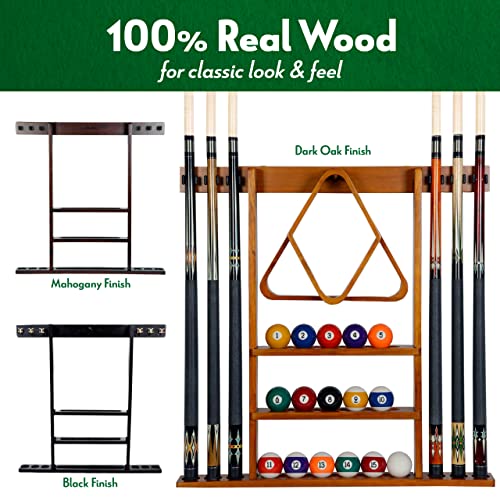 Pool Cue Rack - Billiard Pool Stick and Ball Holder Only - 100% Wood Wall Mount Holds 6 Cues and 16 Balls - Pool Table Accessories, Mahogany