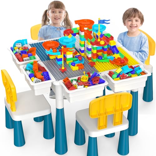 OCATO Toddlers Kids Table and 4 Chairs Set: Activity Table with 152Pcs Large Marble Run Building Blocks Storage All in One Play Sensory Water Tables Sand Tables for Boys Girls 3 4 5 6 Year Old - color: Dark Blue-with 4 Chairs