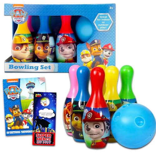 Paw Patrol Toys Games Activities Bundle for Toddlers, Kids - 4 Pc Paw Patrol Bowling Set with Tattoos and More (Paw Patrol Playset)