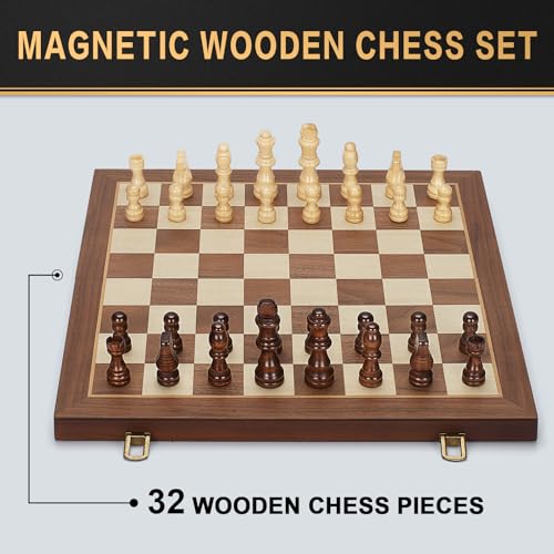 Magnetic Wooden Chess Set, 15" Folding Chess Board with 2 Extra Queens, Portable Travel Chess Set with Pieces Storage Slots, Beginner Chess Board Game for Adults & Kids