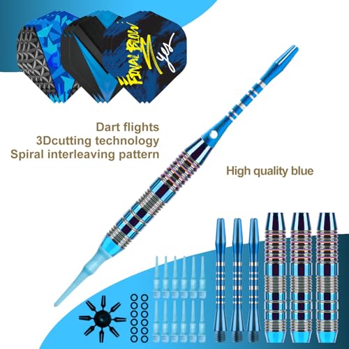 Soft Tip Darts Set 3 Aluminum Shaft Professional Darts Plastic Tip Sets 2BA Replacement Tips + Extra 3 Dart Flights 3 Replace Plastic Shafts for Electronic Dart Board - color: Deep Blue