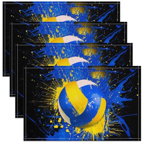 Volleyball Placemat Set of 4,Tie Dye Blue Yellow Outdoor Indoor Place Mats,Ball Games Sports Washable Durable Table Mats 12x18 Inch - color: Blue Yellow White