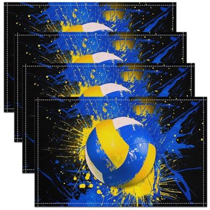 Volleyball Placemat Set of 4,Tie Dye Blue Yellow Outdoor Indoor Place Mats,Ball Games Sports Washable Durable Table Mats 12x18 Inch - color: Blue Yellow White