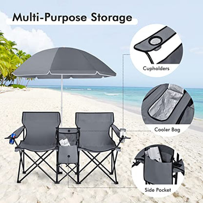 LDAILY LUARANE Folding Double Camping Chair, Outdoor Picnic Chairs w/Removable Umbrella, Mini Table, Cup Holder & Carrying Bag, Portable Camping Loveseat for Patio, Pool, Lawn, Beach, Park (Grey) - color: Grey