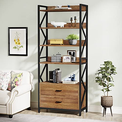 Tribesigns Bookshelf with Drawers, 70.8" Industrial Bookcase with 2 Drawers, 5 Shelf Open Shelf for Storage, Wood Book Shelf for Living Room, Bedroom, Home, Office (1, Rustic Brown)