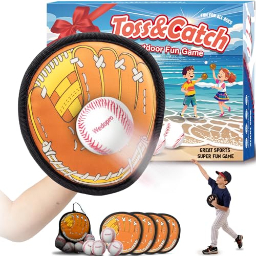 Wedopro Toss and Catch Ball Game, Kids Toddler Baseball Glove & Catch Ball Toys, Kids Outdoor Games for Family, Toys for Beach Pool Yard Outside, Birthday Gift for Ages 3 4 5 6 7 8-12 (Brown 4 Pcak)