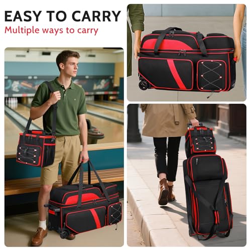 4 Ball Bowling Bag with Wheels, 3 Ball Bowling Bags Roller with 1 Ball Add On Bag, Multi-Pockets & Shoe Compartment (Fits Up to Size 16) - color: Red
